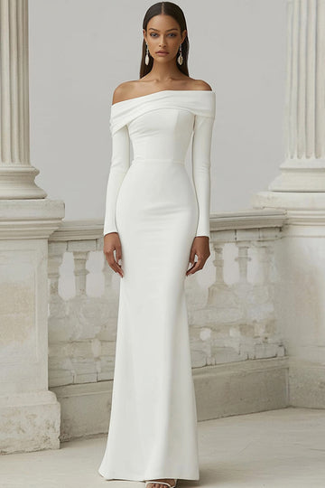 Ivory Matte Satin Sheath Off the Shoulder Engagament Dress